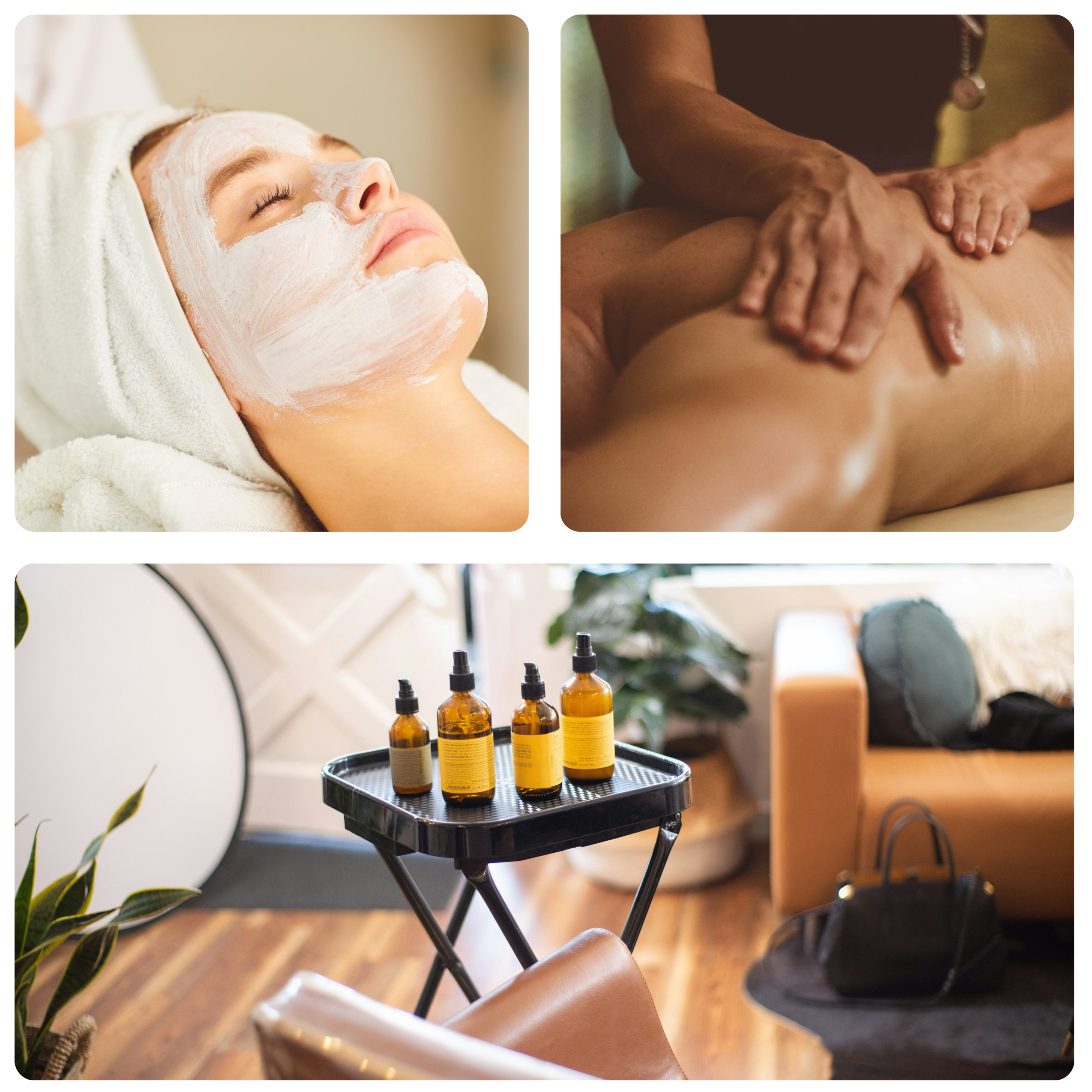 Collage of facial treatments, massage therapy, and a relaxing treatment room