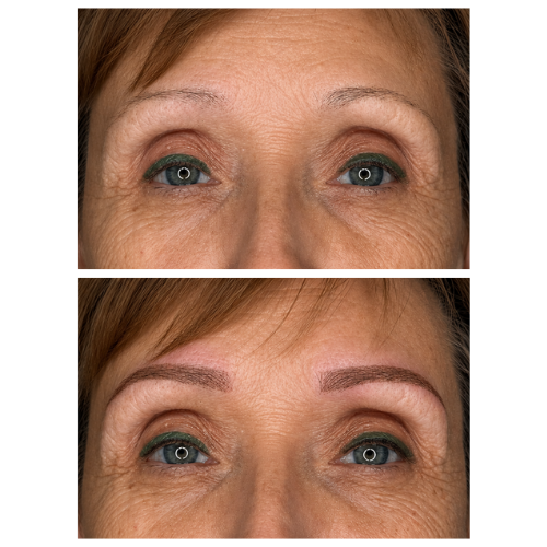 PMU Brow Close-up of a shaped eyebrow and shimmering eye makeup