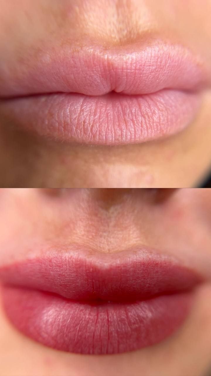 PMU Lips Lip color being carefully applied with a small brush